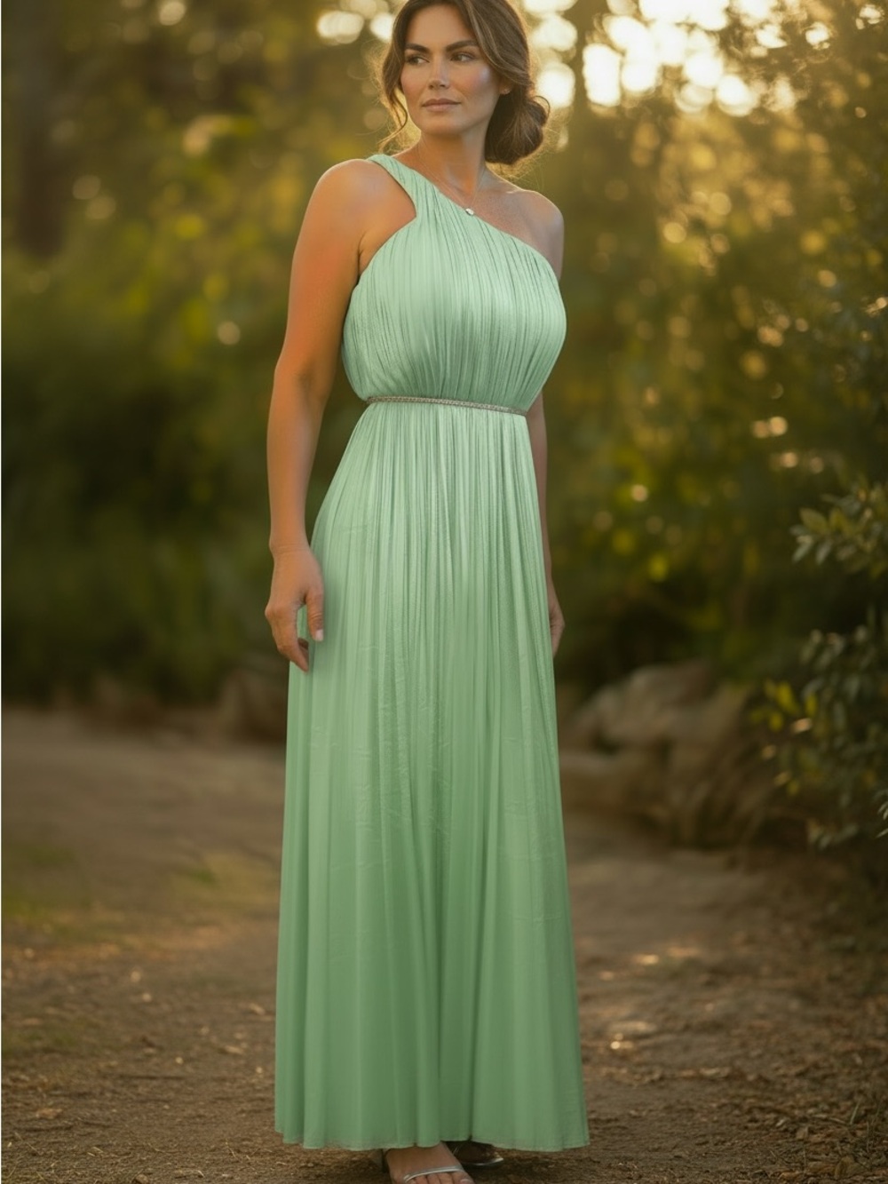 Maria Lucia Hohan Silk One Shoulder Pleated Maxi Dress Mint FR 38 US 6 - Altered